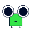 A pixel art cartoon character. He is a small green square, with large eyes and a vacant expression.